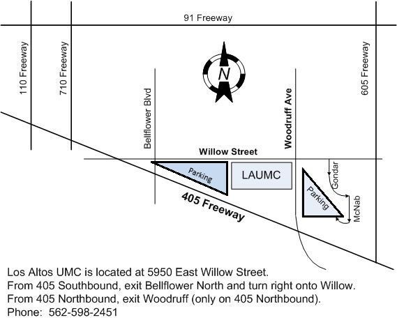 Map to Los Altos UMC at 5950 East Willow Street, with freeway exits and a north arrow.