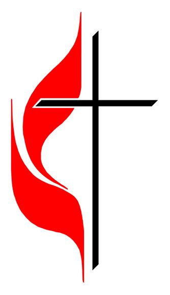 Red flame and black cross logo on a white background