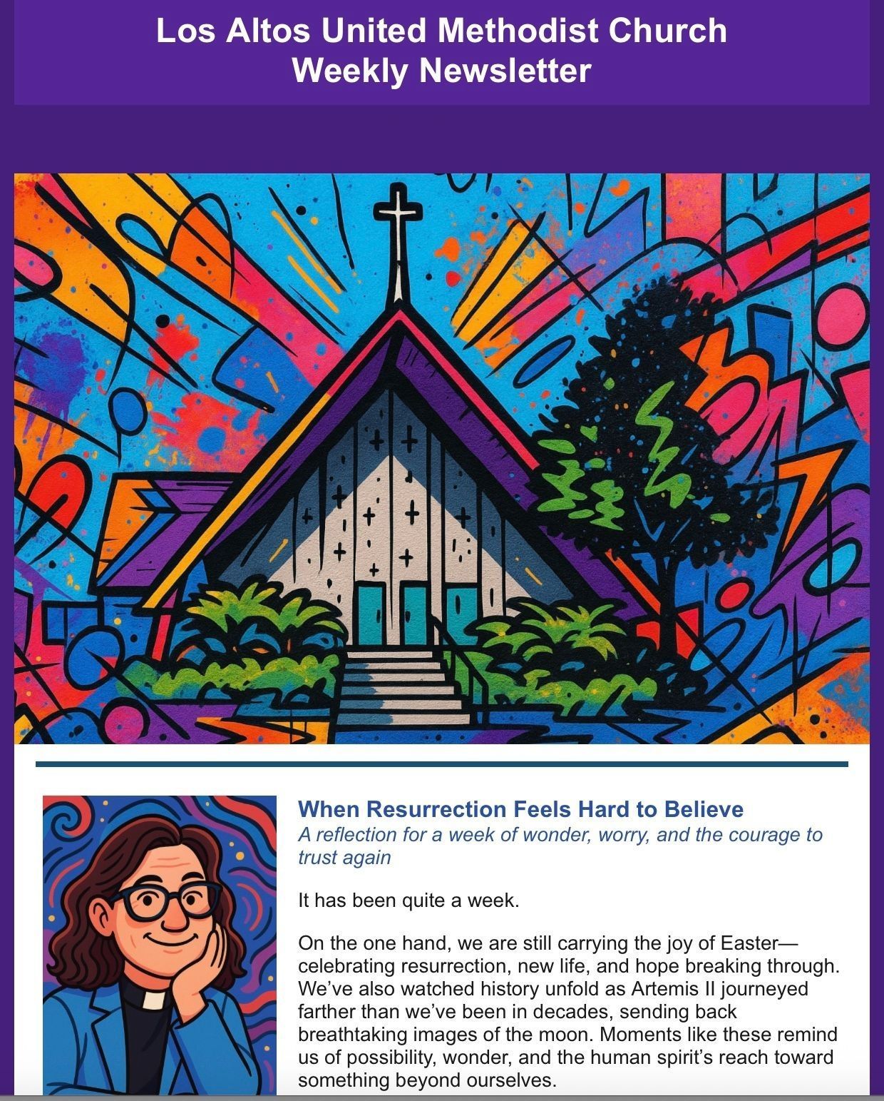 Colorful church newsletter cover with cross, stained-glass-style art, and a portrait illustration.