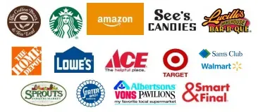 Collage of grocery and retail store logos, including Amazon, Starbucks, Lowe's, Target, Walmart, and Sprouts. Collage of grocery and retail store logos, including Amazon, Starbucks, Lowe's, Target, Walmart, and Sprouts.