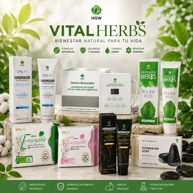 La línea de productos de bienestar a base de hierbas de Vital Herbs, con envases verdes y blancos, incluye cremas, jabones y suplementos.