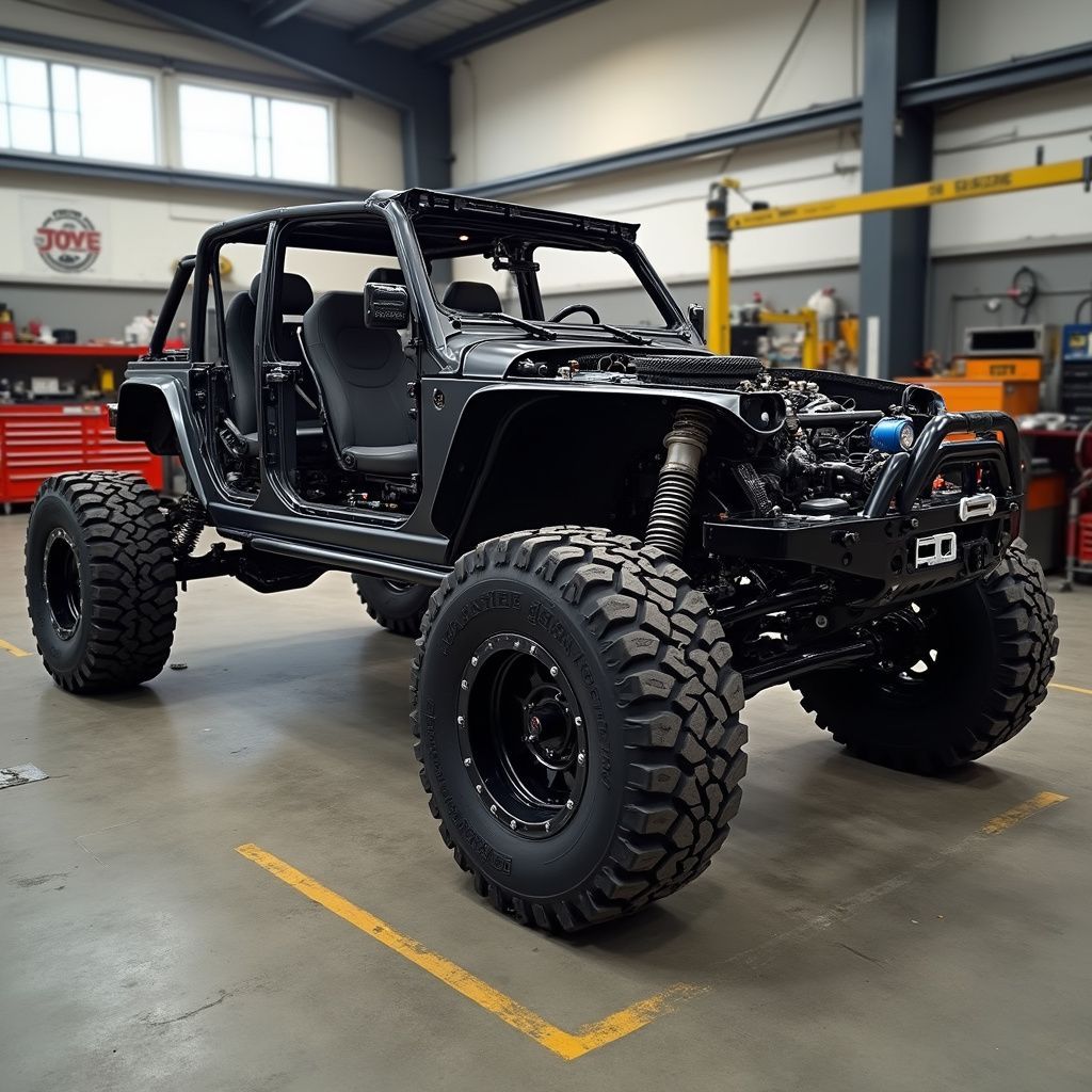 Black off-road Jeep with large tires in a garage setting.
