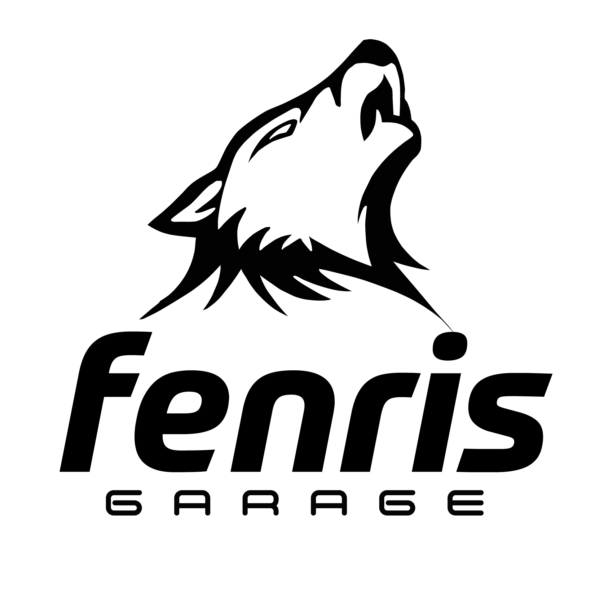 Black and white logo: wolf head howling over the word