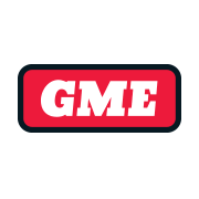 GME logo, white letters on a red rectangle with a black border.