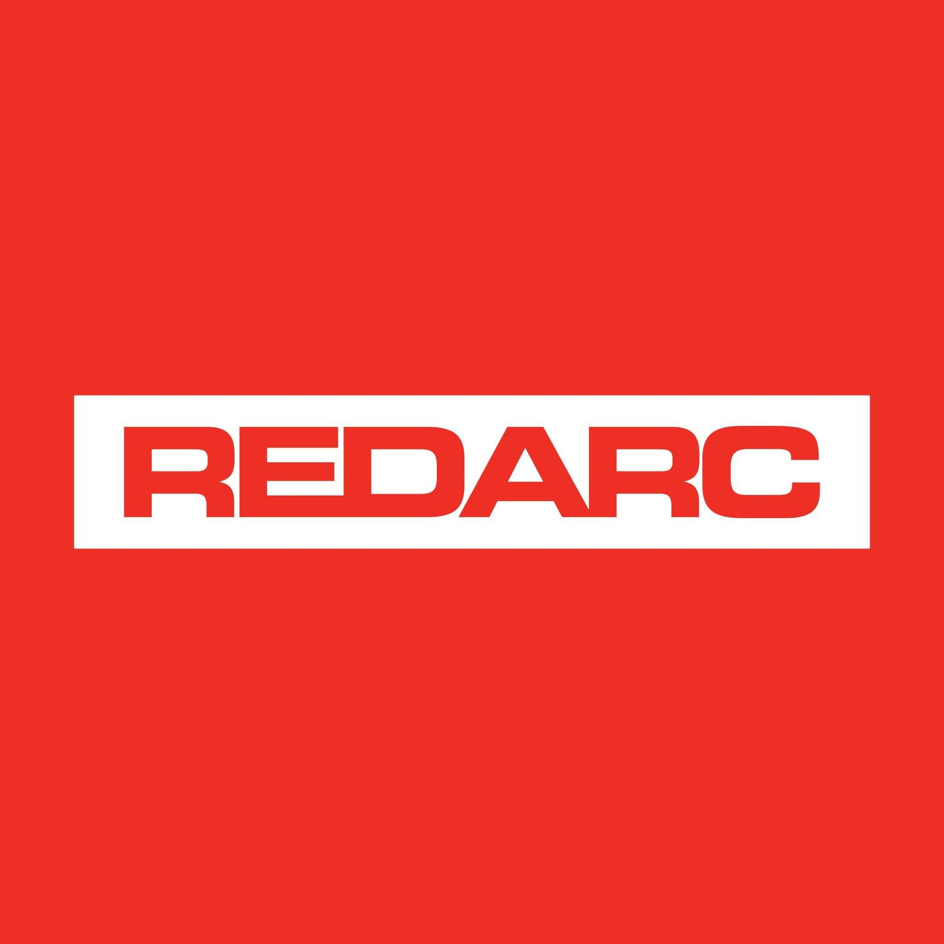 Redarc logo on a red background: white rectangle with
