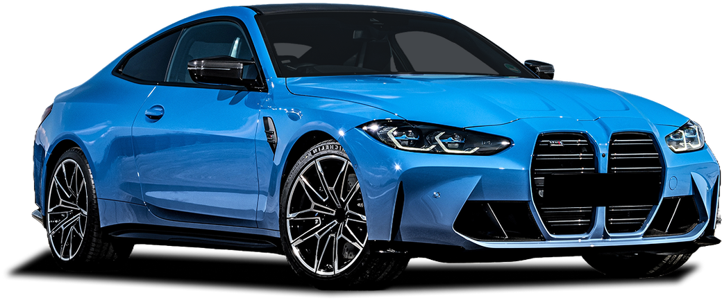 Blue BMW sports coupe on a white background, shown in side-front view. |  Elite European Auto, LLC