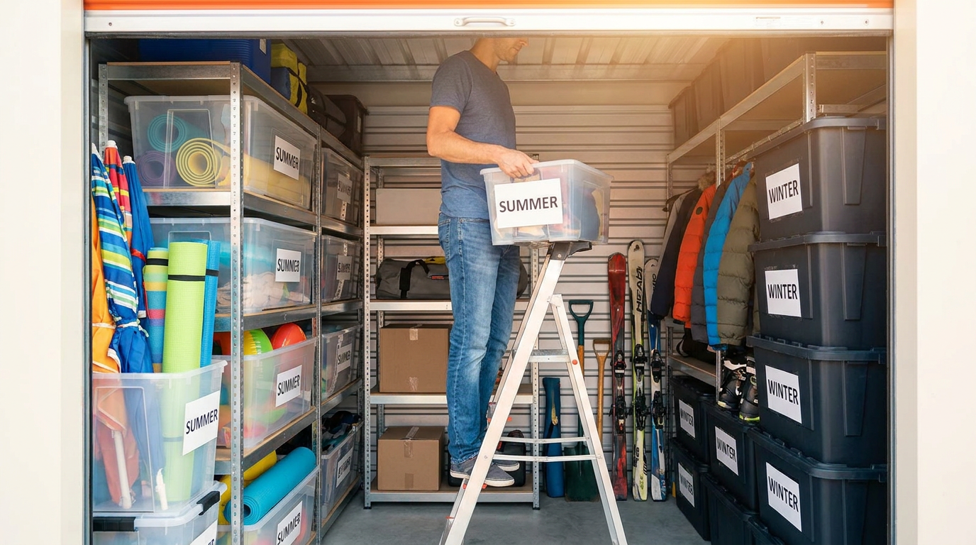 Seasonal summer and winter items stored in a self storage unit in Moriches, NY