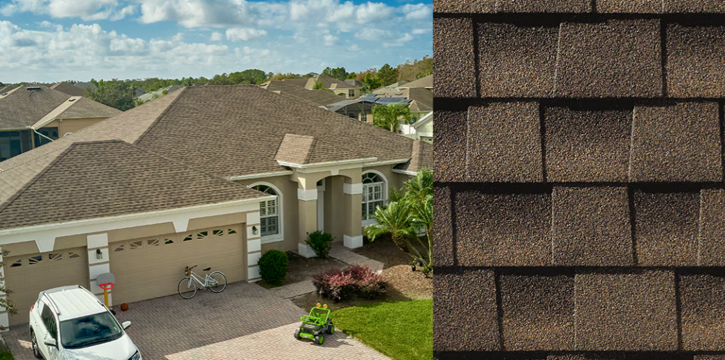 Suburban house with tan shingle roof, stone garage, and cloudy blue sky; close-up roof shingle detail on right