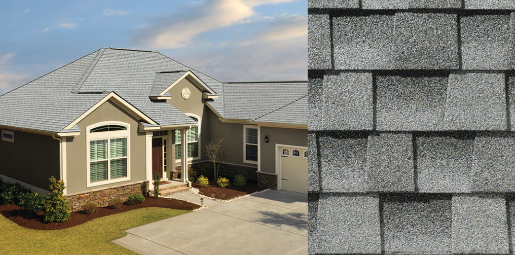 House with gray asphalt shingle roof shown beside a close-up of the shingles