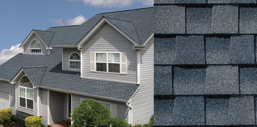 Gray house roof with dark asphalt shingles shown in close-up detail