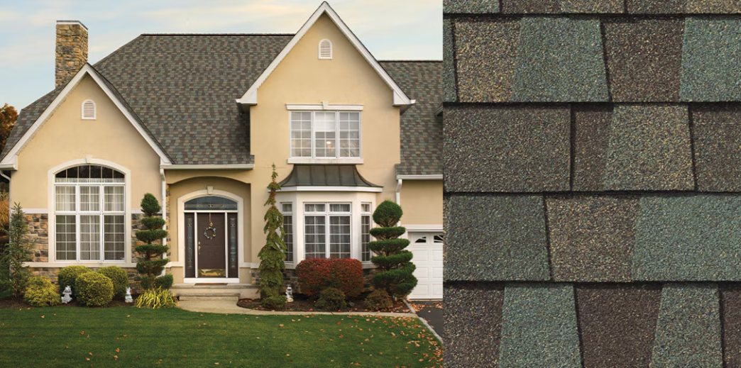 Beige house exterior with stone trim and a close-up of brown asphalt roof shingles