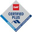 GAF Certified Plus residential roofing contractor badge in red, blue, and white diamond shape