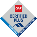 GAF Certified Plus residential roofing contractor logo in blue, red, and white diamond badge