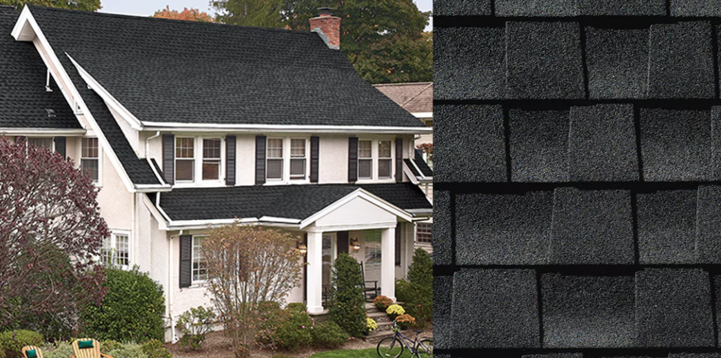 House exterior with dark gray shingle siding and roof, shown beside a close-up of matching shingles
