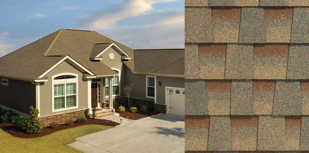 House exterior with beige siding and shingled roof, plus a close-up of multi-colored asphalt shingles.