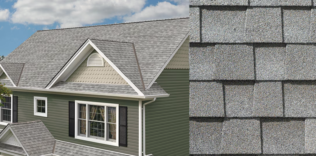 Gray shingle roof on a house, with close-up detail of overlapping asphalt shingles.