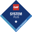 GAF System Plus limited warranty badge, blue diamond with red logo and white text