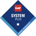 GAF System Plus limited warranty badge in blue diamond with white text and star
