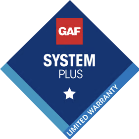 GAF System Plus limited warranty badge, blue diamond with red logo and white text