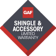 GAF diamond logo reading “Shingle & Accessory Limited Warranty” in white, gray, and red