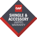 GAF diamond-shaped badge reading “Shingle & Accessory Limited Warranty” in red, gray, and white