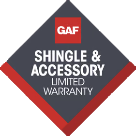 GAF diamond logo reading “Shingle & Accessory Limited Warranty” in white, gray, and red