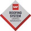 GAF Roofing System limited warranty badge in gray, red, and white diamond shape