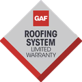 GAF Roofing System limited warranty badge in red, gray, and black, diamond-shaped