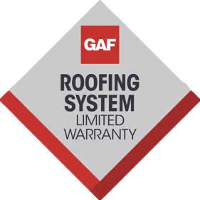 GAF Roofing System limited warranty badge in gray, red, and white diamond shape