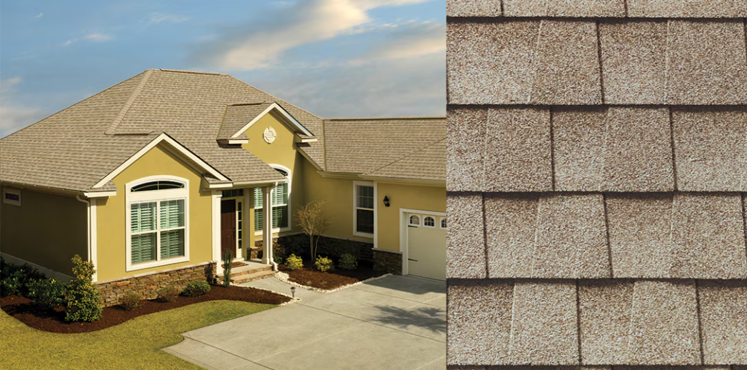 Suburban house exterior with tan siding and shingle roof, shown beside a close-up of roof shingles