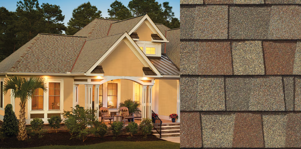 Suburban house exterior with a beige shingle roof and warm porch lights at dusk, plus a close-up of roof shingles