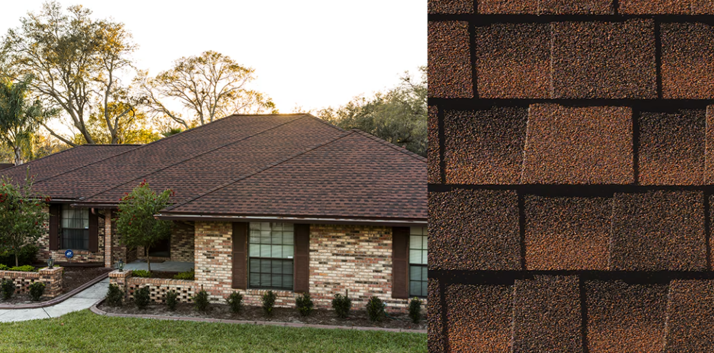 Brick house exterior with a brown shingle roof and close-up brick wall detail at right