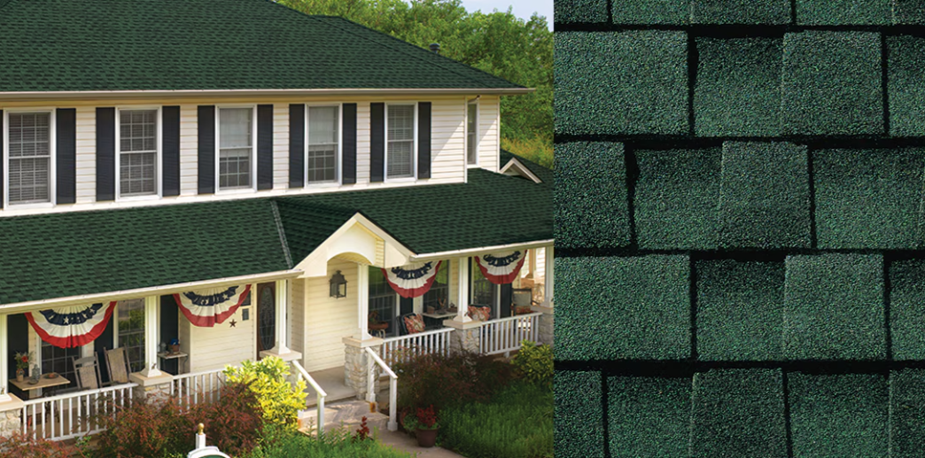 House with dark green roof shingles and beige siding beside a close-up of green roof tiles