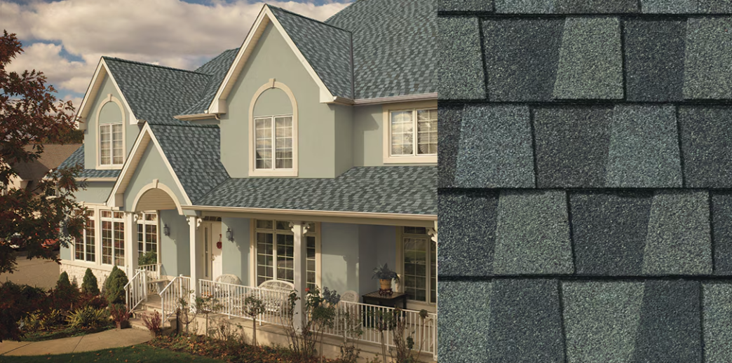 House with gray shingle roof and front porch beside a close-up of dark gray roof shingles.