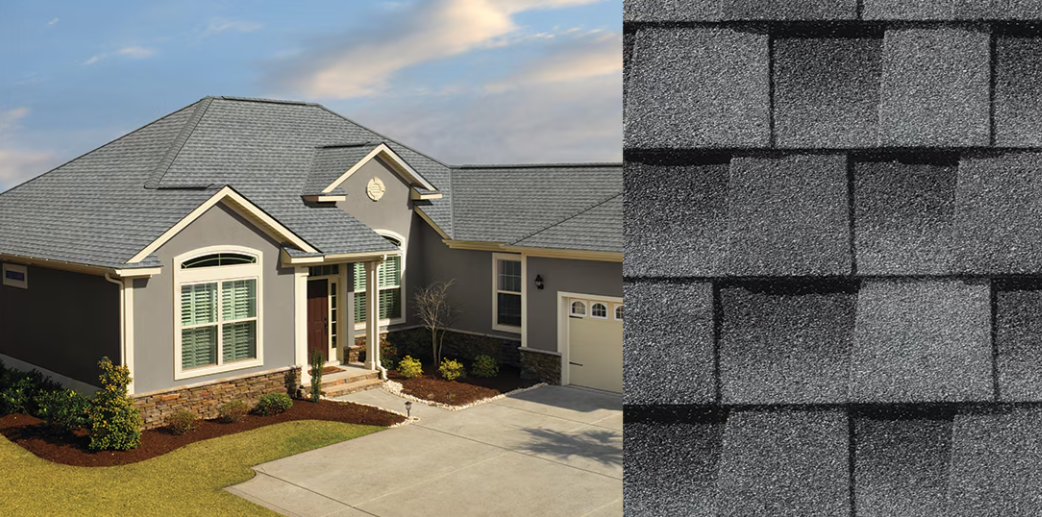 House with gray shingle roof beside close-up of matching dark gray asphalt shingles