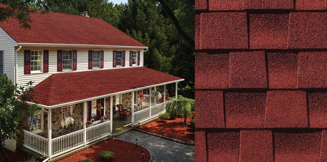 Red two-story house with white porch and shutters beside a close-up of red roof shingles.