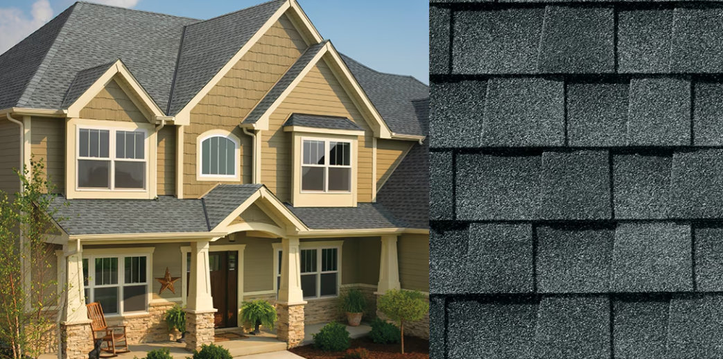 Two-story house with gray shingle siding and dormers, shown beside a close-up of dark asphalt roof shingles.