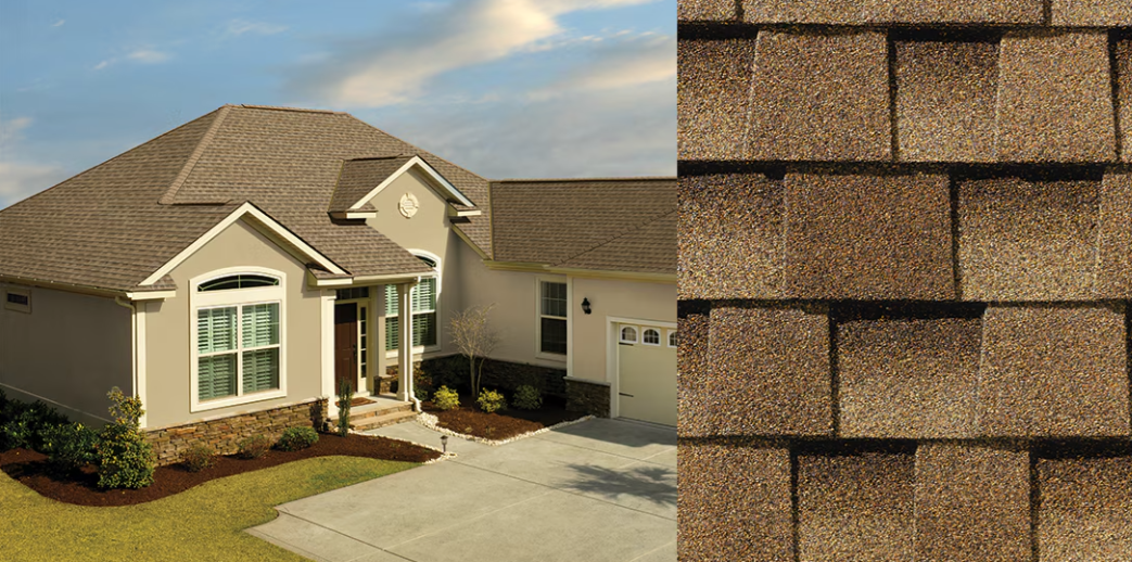 Suburban house with tan siding and shingled roof, shown beside a close-up of brown roof shingles