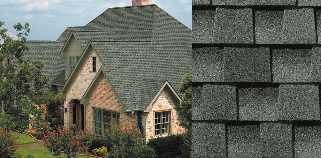 Shingled cottage with a steep roof, stone walls, and garden landscaping beside a close-up of roof shingles