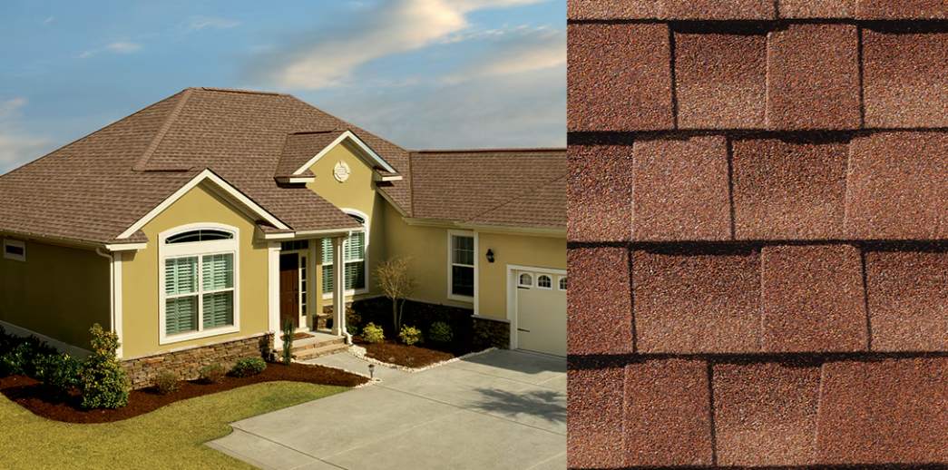 House with tan shingle roof beside a close-up of brown asphalt roof shingles