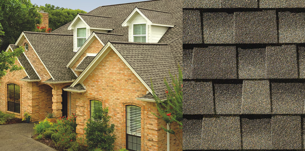 Brick houses with gray shingled roofs beside a close-up of roof shingles