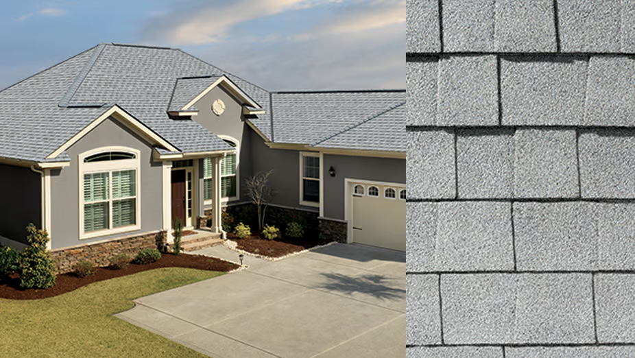 Suburban house with gray roof and stone siding, shown beside a close-up of gray roof shingles.
