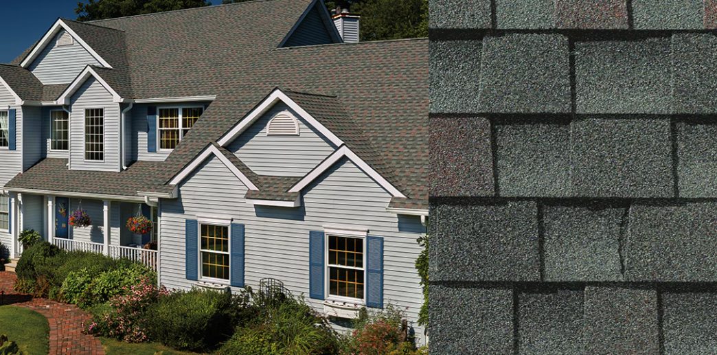 Suburban house exterior with gray siding and dark shingle roof, plus a close-up of gray asphalt roof shingles
