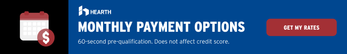 Blue banner advertising monthly payment options with a red “GET MY QUOTE” button and calendar icon