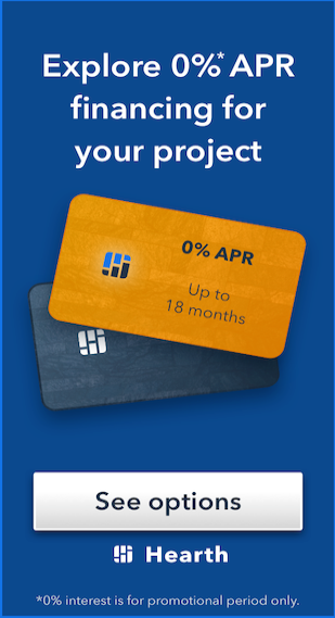 Heath 0% APR financing ad with orange and blue cards and a “See options” button