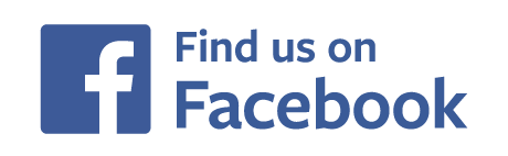 Facebook logo with “Find us on Facebook” text in blue and white
