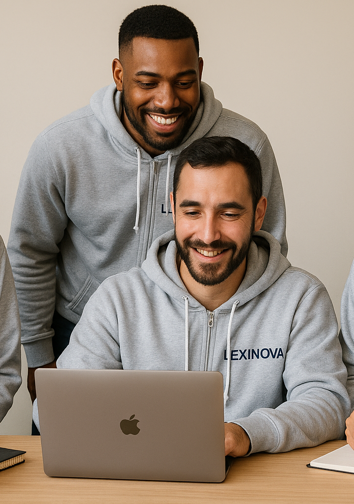 Two men in gray hoodies, smiling, looking at a laptop together. One stands behind the other.