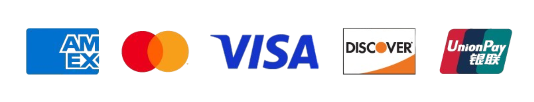 Accepted Payment Methods Logos for American Express, Mastercard, Visa, Discover, and UnionPay.