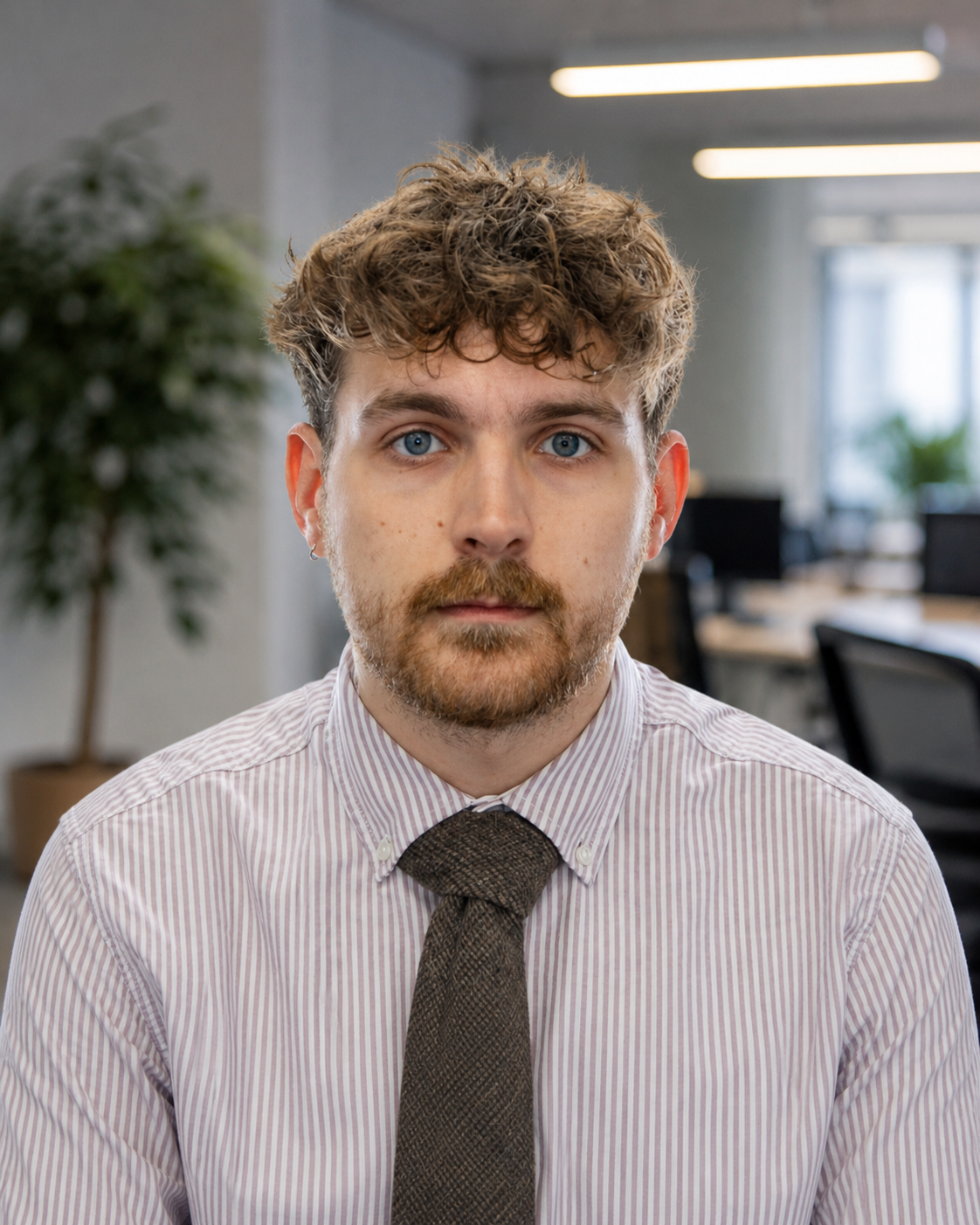 Image of Luke Rickards, with light eyes, and a white shirt, sitting in a chair with a gold tie, looking at the camera.