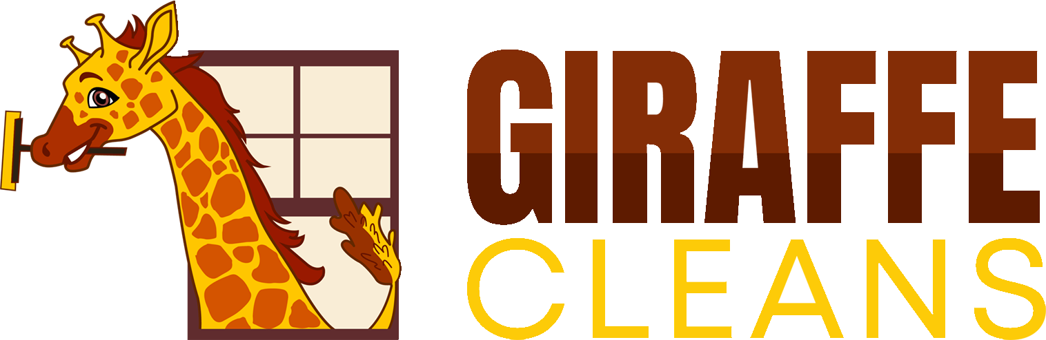 A giraffe cleaning a window. The giraffe's head and neck are extended through the window, holding a squeegee.